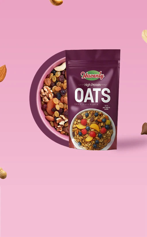 Purple 'Havenly' oats packaging with a bowl of oats and toppings on a pink background