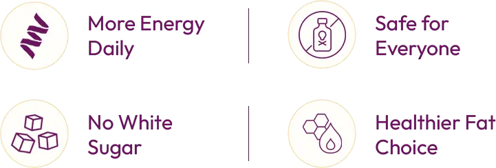 Product label with icons and text about energy, safety, sugar content, and fat choice.