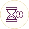 Icon with a sand timer and exclamation mark inside a purple circle