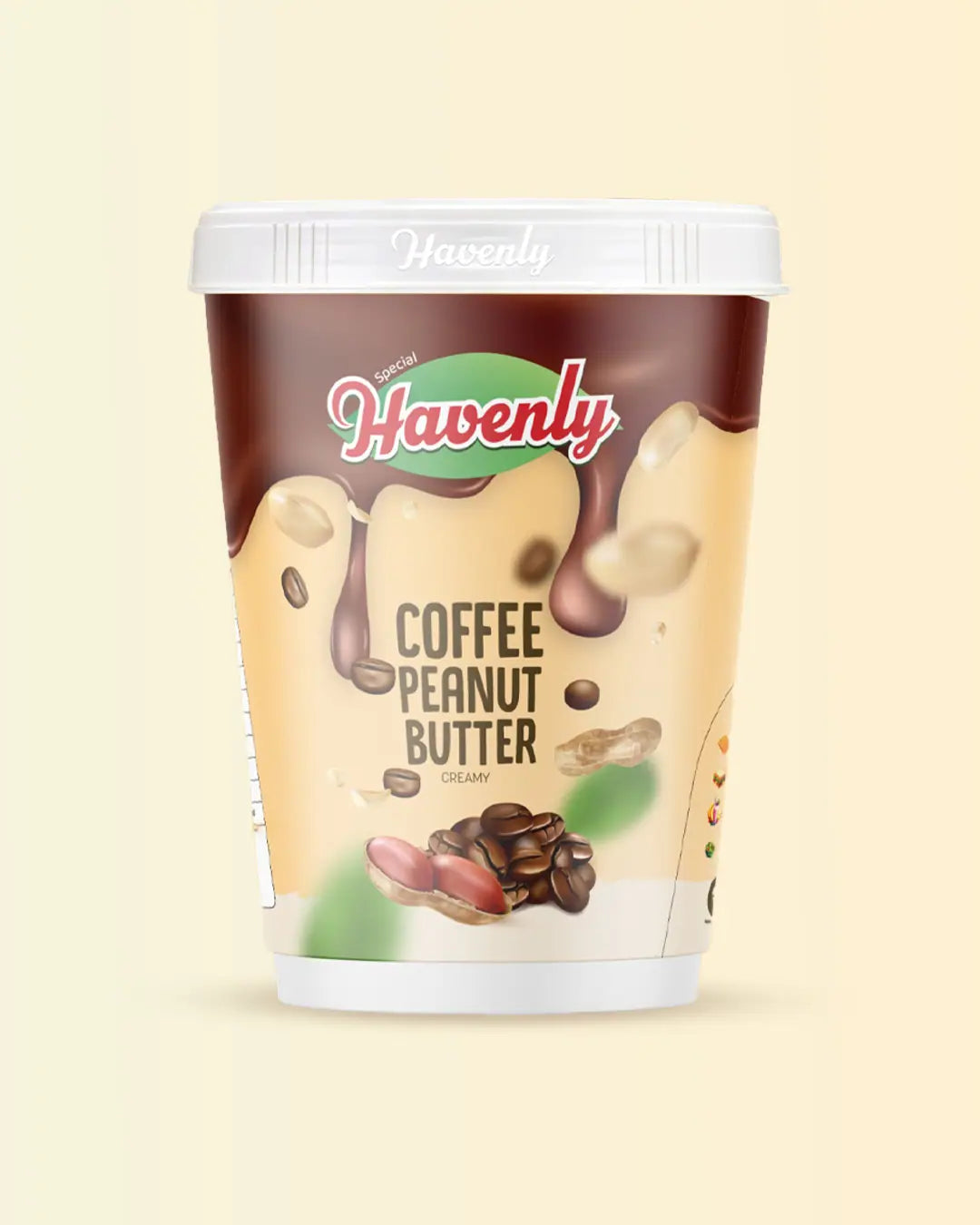 Container of Havenly Coffee Peanut Butter on a beige background