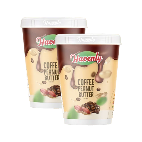 Two containers of Havenly Coffee Peanut Butter on a white background