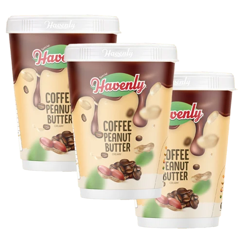 Three containers of Havenly Coffee Peanut Butter on a white background
