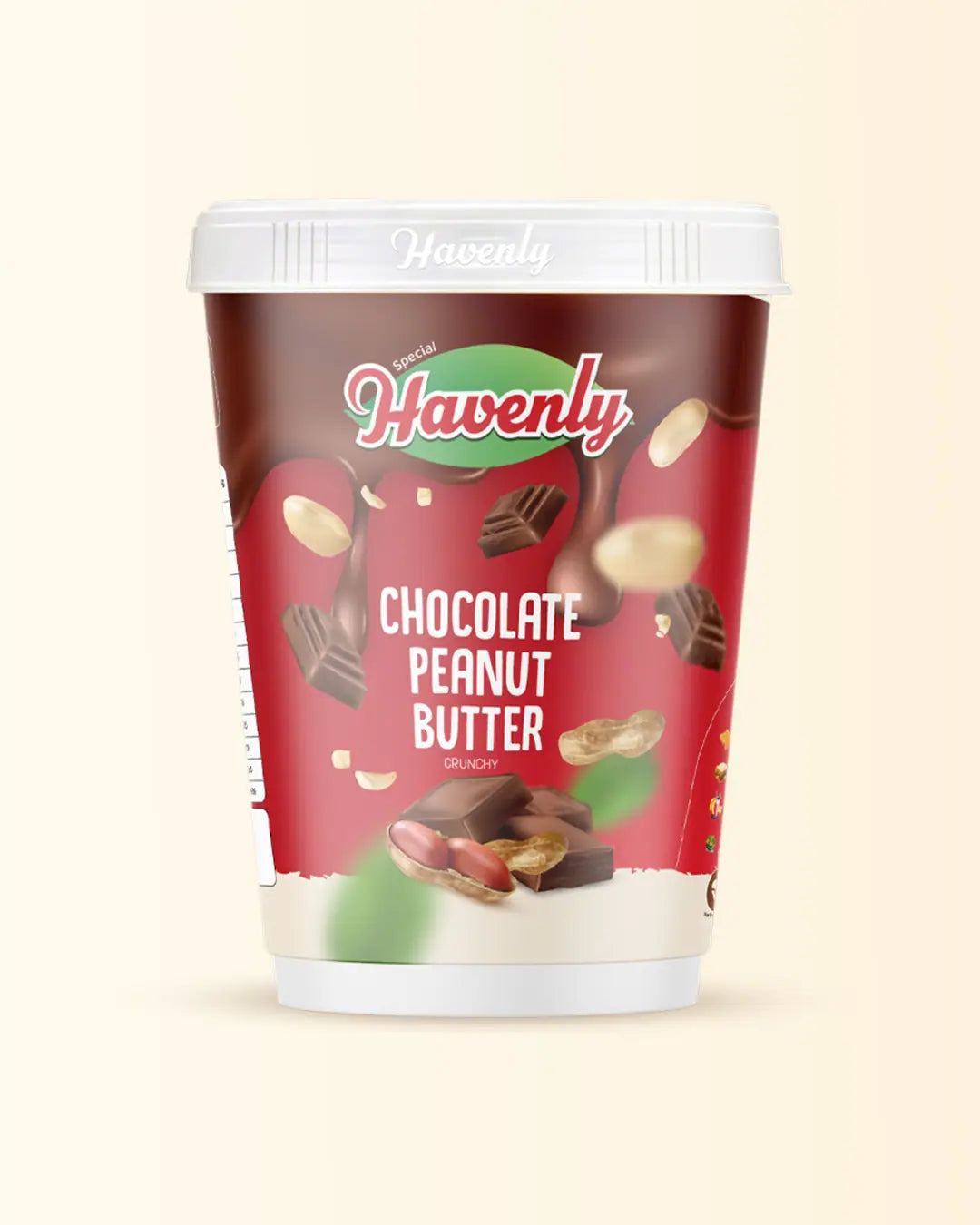 Container of Havenly Chocolate Peanut Butter on a beige background