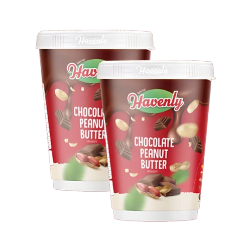 Two containers of Havenly Chocolate Peanut Butter on a white background