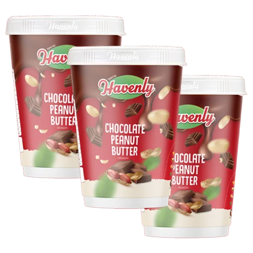 Three containers of Havenly Chocolate Peanut Butter on a light beige background