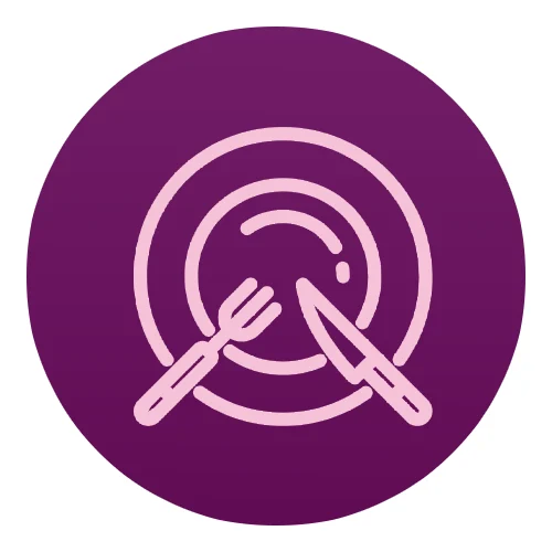 Icon of a plate with a fork and knife on a purple circle background