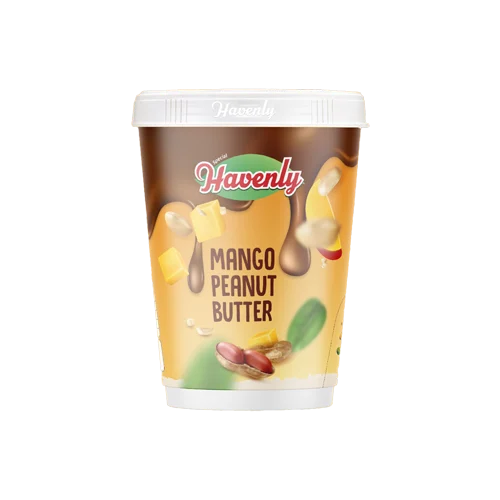 Container of Havenly Mango Peanut Butter on a white background