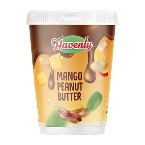 Container of Havenly Mango Peanut Butter on a white background