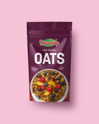 Purple package of Havenly High Protein Oats with a bowl of oats and fruits on a pink background