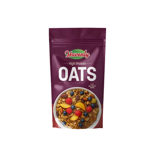 Packaging of Havenly High Protein Oats with a bowl of oats and fruits on a white background