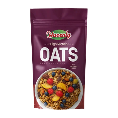 Havenly high protein oats package with a bowl of oats and fruits on a white background