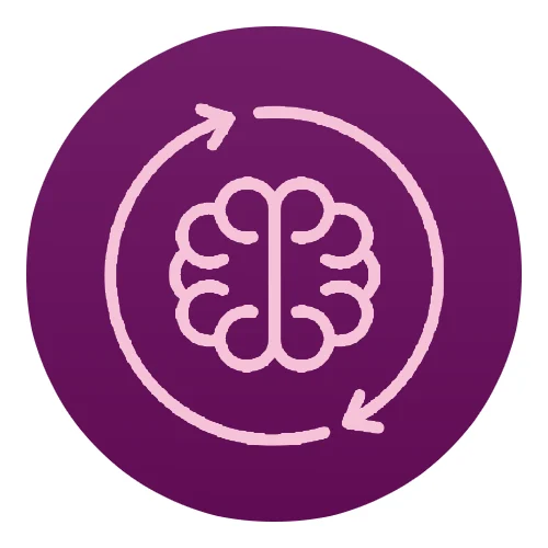 Icon of a brain with circular arrows on a purple background